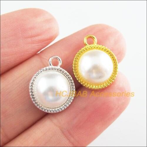20 New Round Charms Silver Plated & Gold Color Retro Flower White Acrylic Pendants 12.5x15.5mm
