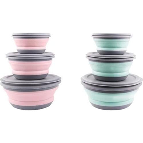 3PCS Portable Silicone Bowl Folding Bowl Salad Dish With Lid Lunch Box Instant Noodle Bucket Kitchen Picnic School Tableware