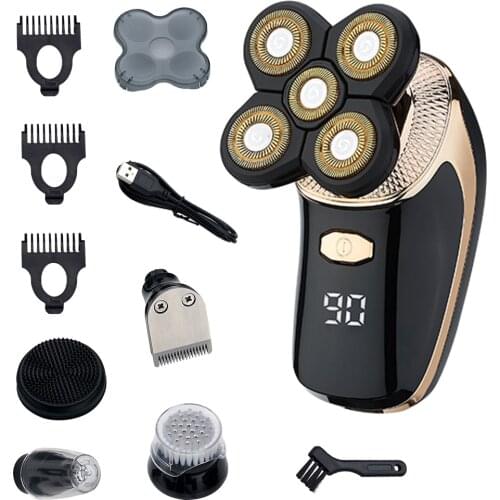 5 In 1 Mens Rechargeable Bald Head Electric Shaver 5 Floating Heads Beard Nose Ear Hair Trimmer Razor Clipper Facial Brush