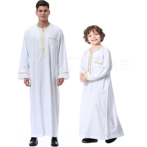 Arab Muslim Men Jubba Thobe Print Zipper Robe Long Sleeve O-neck Middle East Adult Children Clothes Plus Size Prayer Abaya Robe