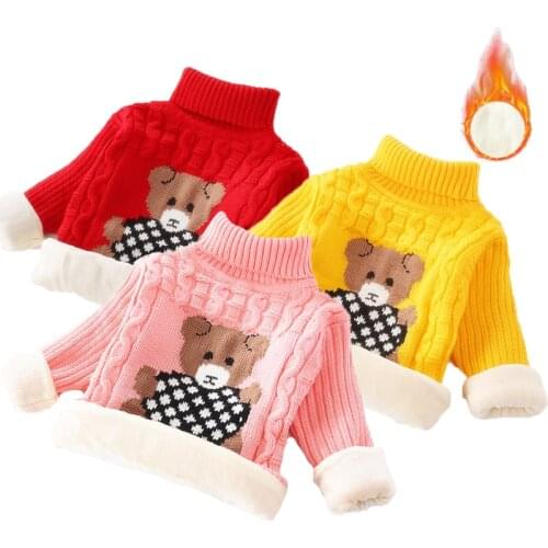 Plus Velvet Thick Warm Winter Girls Sweater Stretch Cotton Bear Knitted Bottoming Turtleneck Children Birthday Present Clothes