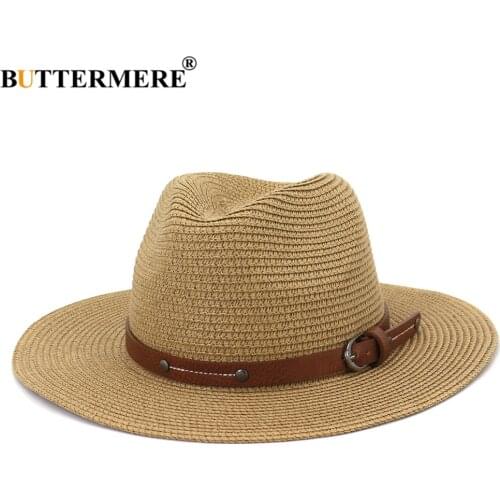 BUTTERMERE Panama Hat Straw Summer Hats for Women Men Fedora Wide Brim Belt Decorate Male Female Khaki Jazz Sombrero Cap