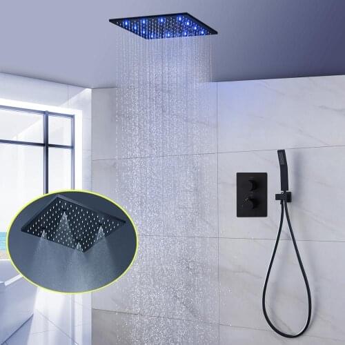 Bathroom Black Shower System 16 inches Ceiling SPA Mist Rainfall Shower head Panel 3ways Thermostatic Mixer LED Shower Faucets