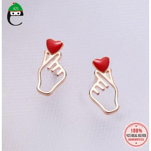 ElfoPlataSi Real 925 Sterling Silver Fashion Romantic Heart Charm Stud Earring For Women Wedding Valentines Day Jewelry DD361
