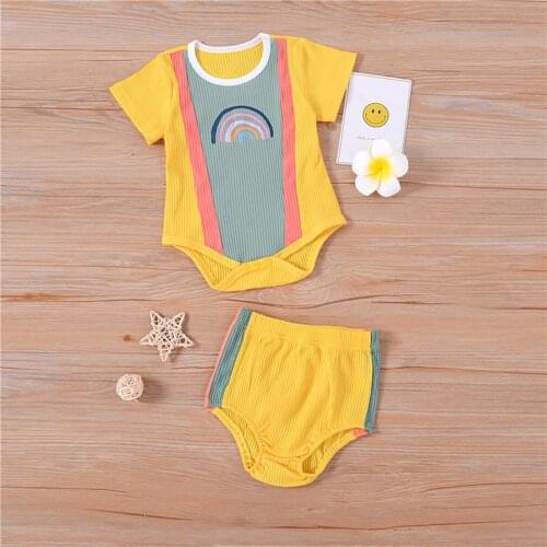 Pudcoco 2Pcs Baby Summer Tracksuits Match Color Rainbow Short Sleeves Romper High-Waist Shorts for Baby Girls Boys, 0-24 Months