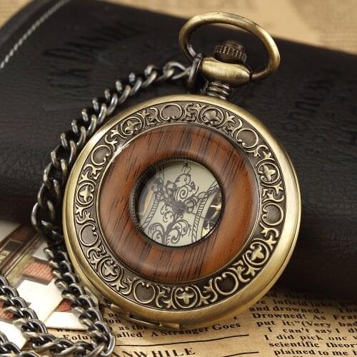 Box Package Solid Wood Mechanical Pocket Watch Fob Chain Locket Dial Hollow Steampunk Skeleton Men Women Mens Male Clock Watches