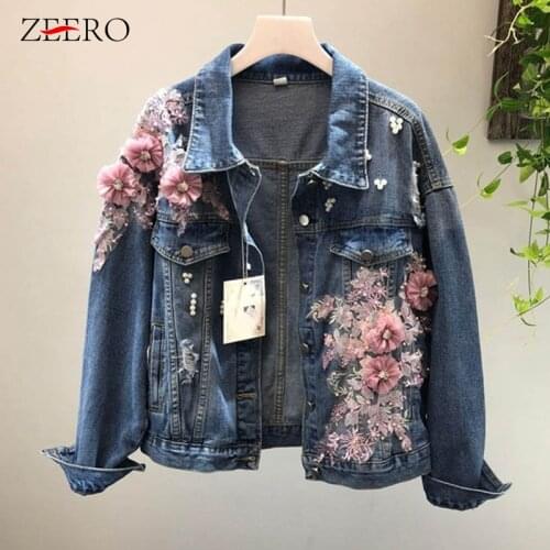 2019 Women Denim Jackets 3D Beading Pink Floral Embroidery Hole Jean Coat Female Causal Outwear Plue Size Short Jeans Top