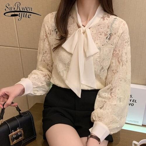 Fashion Solid Woman Shirt Lace Women Blouse 2021 Autumn Korean Tops Lantern Sleeve Bow Casual Blusas Office Lady Clothes 10566