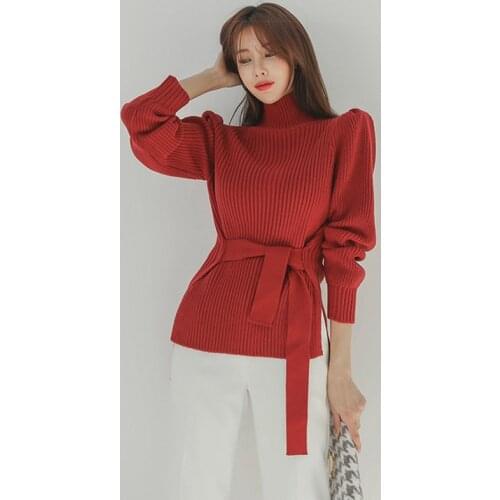 Fashion Turtleneck Knitted Sweater Women Casual Lace Up Puff-sleeve Female Jumper Femme Elastic Pullovers Women 2019 Knit Tops