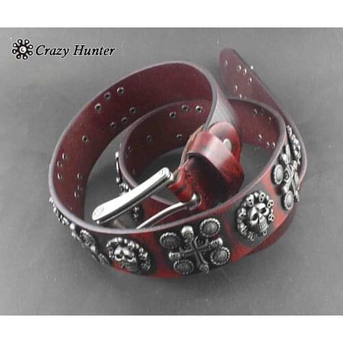 Mens Goth Skull Cross Vintage Red Genuine Leather Belt Biker Rock