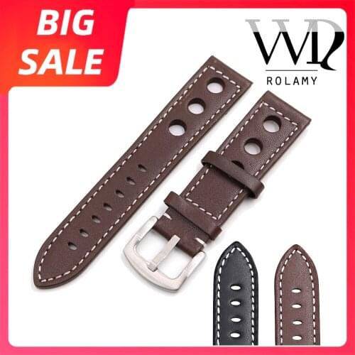 Rolamy 22mm TOP Luxury Real Calf Leather Brown with White Wrist Watch Band Strap Clasp For Tissot Breilting IWC Seiko Tudor