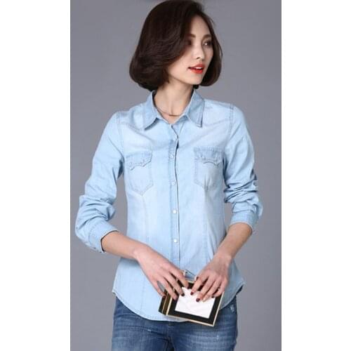 S-2XL Womens Denim Shirt Spring 2021 Autumn Fashion All-macth Solid Long-sleeve Denim Tops Cotton Girl Student Outerwear Female