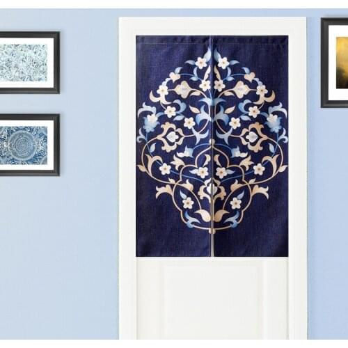 Chinese Blue Floral Geometric Linen Door Curtain Noren Bedroom Kitchen Curtains Home Entrance Decoration Customizable Curtains