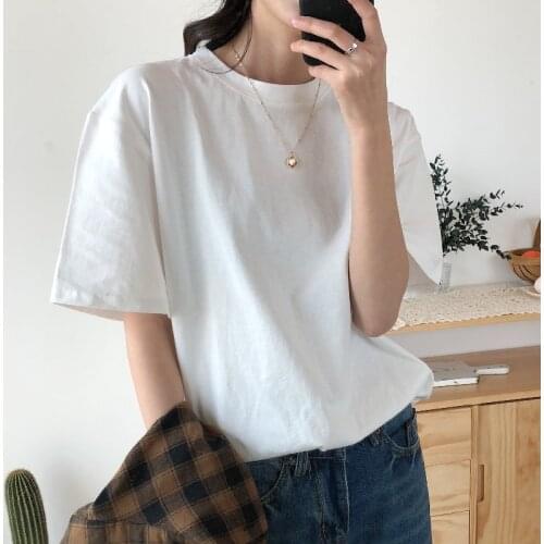 Oversize Women T-shirt Solid Cotton T Shirt Harajuku 2021 Summer White Short Sleeve O-neck Tops Female T-shirt Clothes Femme Tee