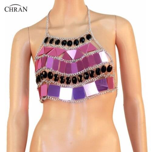 Chran Mirror Perspex Crop Top Chain Bra Harness Necklace EDC Body Lingerie Cosplay Bandeau Bralette Sonus Festival Jewelry CR802