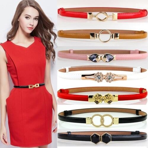 Women double crystal buckle patent leather belt Adjustable black waistbands Fashion Classic thin faux leather cummerbunds dress