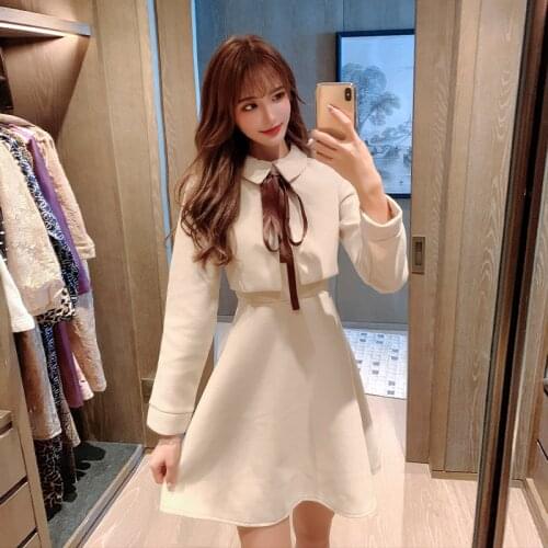 New 2020 Autumn Winter Women Woolen Solid A Line Dress Long Sleeve Lace up Bow Tie Peter Pan Collar Fake Two Piece Wool Dress