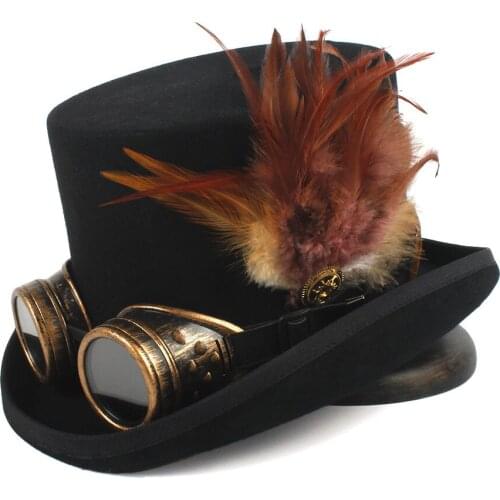 13.5CM Top Hat For Women Men Steampunk Fedora Hat With Handmade Gear Glasses Feather Magic Cosplay Party Caps Dropshipping
