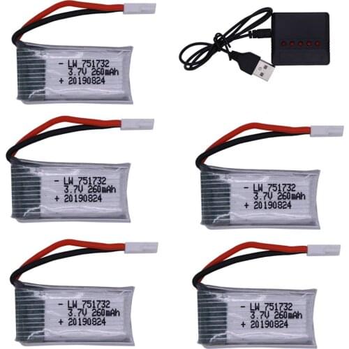 3.7V 260mAh Lipo Battery and (5in1) Charger for H8 H48 RC Quadcopter drone part H8 Mini 751732 3.7 V Battery 25C