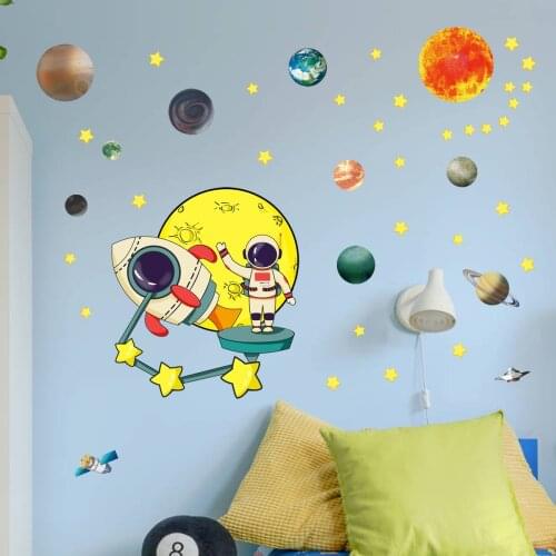 3D Cartoon Planet Wall Sticker Space Astronaut Wall Decor Star Wall Paper Rocket Wall Art for Kid Bedroom Decor Stickers