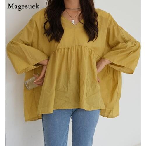 Korean Oversized Womens Blouse V Neck Casual Pleated Stitching Shirt Loose Half Sleeve Spring Top Female Summer Blusas 15717