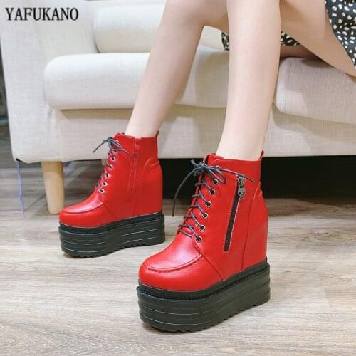 13Cm Thick-Soled Internal Increase Ankle Boots High Platform Side Zipper Plus Velvet Short Boots High Heels Lace-up Martin Boots