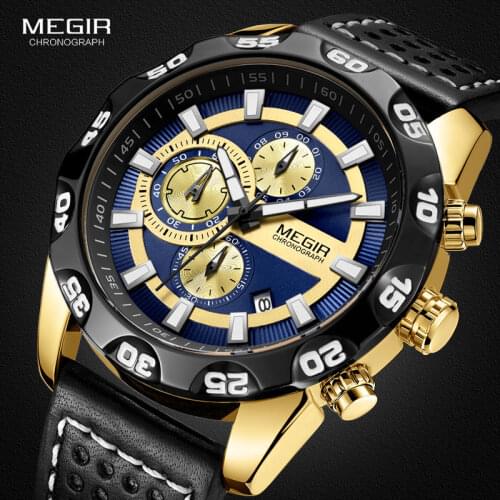 Megir Leather Strap Sports Quartz Watches Men Chronograph Military Top Brand Luxury Wrist Watch for Man Relogios 2096G Gold Blue
