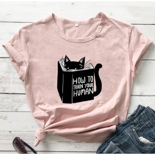 Colored How To Train Your Human T-shirt Funny Cat Mom Gift Tshirt Cute Cat Reading A Book Tee Shirt Top