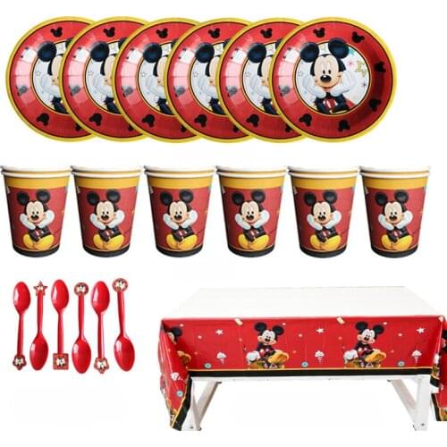 Disney Mickey Mouse Theme Party Tableware Kids Paper Cup Plate Spoon Tablecloth Party Decoration Party Tableware Dinner Set