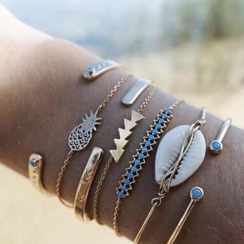 Docona Boho Shell Blue Bead Chains Bracelet Set Multilayer Pineapple Triangle Open Bangle for Women Girls Cuff Beach Jewelry