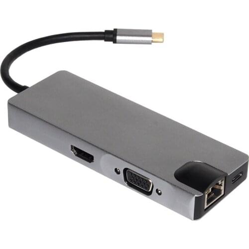 8 in 1 Laptop Docking Station Power Adapter USB Hub Type C to 2 USB 3.0 HDMI VGA RJ45 PD Card Reader Adapter