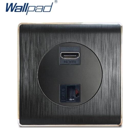 Wallpad HDMI-compatible RJ45 Data CAT6 Wall Socket Electric Outlet Black PC Brushed Panel For Home
