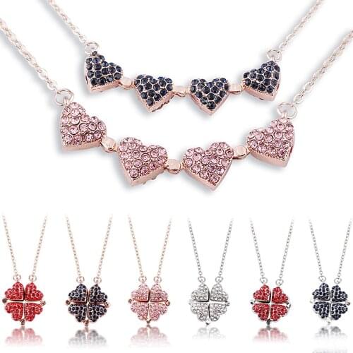 New Trendy Alloy Two In One Double Sided Four Heart Clover Necklace Crystal Lucky Grass Collar Fashion Women Girl Clavicle Choke
