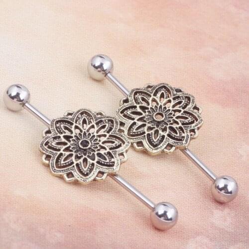 New Silver Color Plated Punk Industrial Piercing Barbell Cartilage Earring Flower Logo Piercing Tragus Body Jewelry