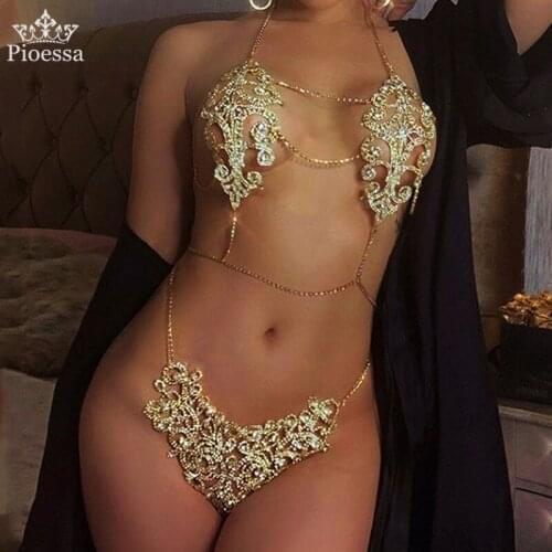 Sexy Crystal Body Harness Chain Bra and Thong Jewelry for Women Fashion Bling Rhinestone Bikini Set Underwear Body Jewelry