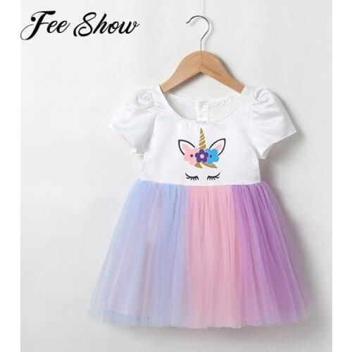 Infant Baby Girls Colorful Dress Summer Rainbow Short Sleeve Ruffle Round Neck Cute Cartoon Printed Mesh Tutu Dress for Birthday