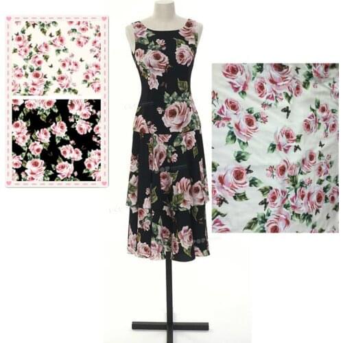 Rose Printed Stretch Satin Polyester Fabric Luxury Brand Parent-child Wear Shirt Dress Apparel Factory Custom Fabrics Cloth