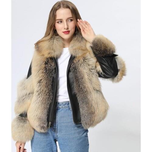 Real Fox Fur Coats For Women With Genuine Sheep Leather Winter Jacket Outerwear Fashion Luxury New