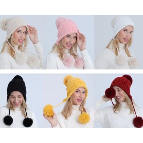 Women Winter Plush Lined Thick Cable Knit Chenille Beanie Hat Pompom Earflap Cap 6XDA