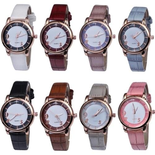 Lady Round Dial Bamboo Grain Faux Leather Band Arabic Number Analog Quartz Watch