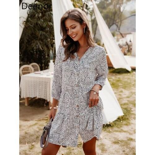 Deenor Floral Print Dress 2021 Summer V-Neck High Waist A-Line Dresses for Women Sashes Boho Casual Female Mini Vestidos