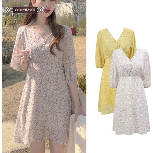 2020 Bow Tie Cute Mini Dresses Women Summer Preppy Style Girls Cutevilmyii Korean Japanese Floral Printed V Neck Shirt Dress E23