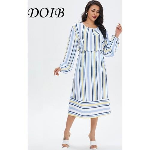 DOIB Women Blue Striped Dress Plus Size Round Neck Lantern Sleeve Patchwork Large Size Dress 2021 Vintage Summer Dress