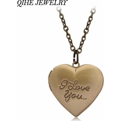 QIHE JEWELRY Golden Bronze Engraved I love you Heart Locket Necklace Sweet Birthday Daughter Wedding Girlfriend Gifts