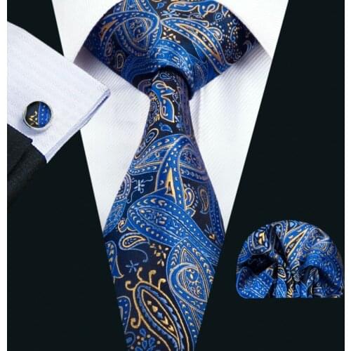 FA-1447 2018 Best Fashion New Mens Tie Blue Paisley Silk Jacquard Necktie Hanky Cufflinks Set For Business Wedding Party