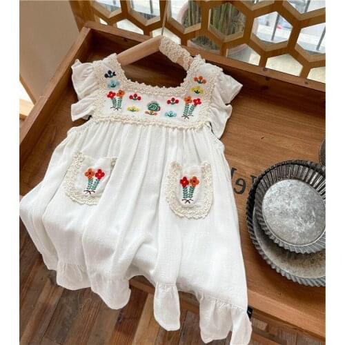 2021 Girls Summer Embroidery Fower Dress Baby Kids Soft Elegant Birthday Party Dresses Children Clothes Outfits