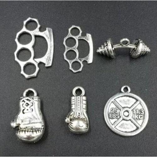 30PCS Mixed Boxing Gloves & Dumbbells&Brass Knuckle Dusters Charms Pendant For Bracelets Necklace Jewelry Making