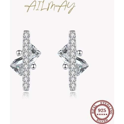 Ailmay Fashion 925 Sterling Silver Rectangle and Stick Stud Earrings For Women Wedding Engagement Fine Female Jewelry
