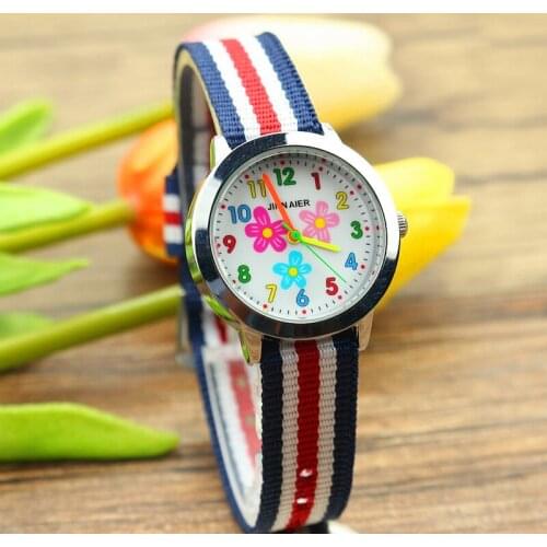 Promotion gift children lovely flowers nylon dress wristwatches for girls fashion nylon colorful watches Linda chica reloj
