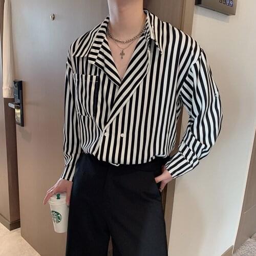 Brand Lapel Double Breasted Mens Shirt 2021 Autumn Long Sleeve Loose Striped Casual Shirt Social Party Streetwear Chemise Homme